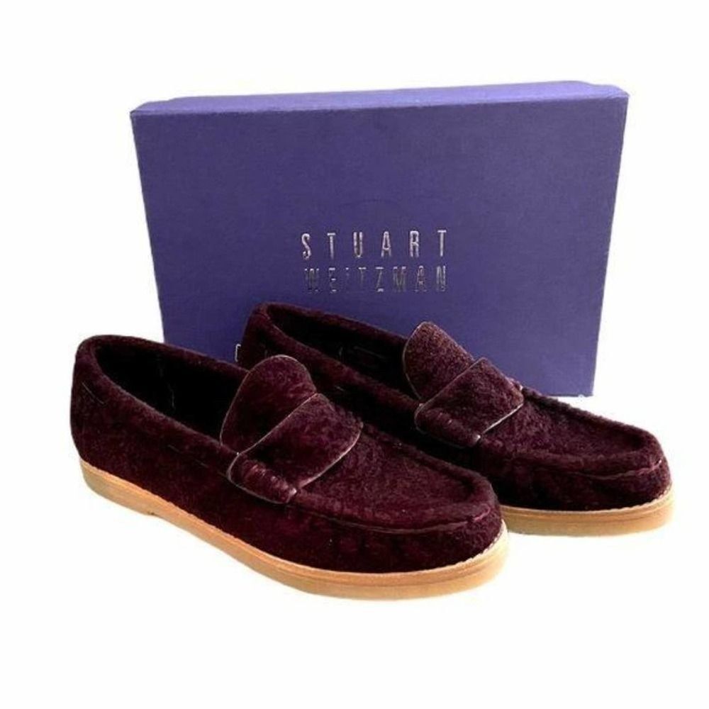Stuart Weitzman Wine Genuine Shearling Fur Penny Loafers Size 7.5 New Luxurious
